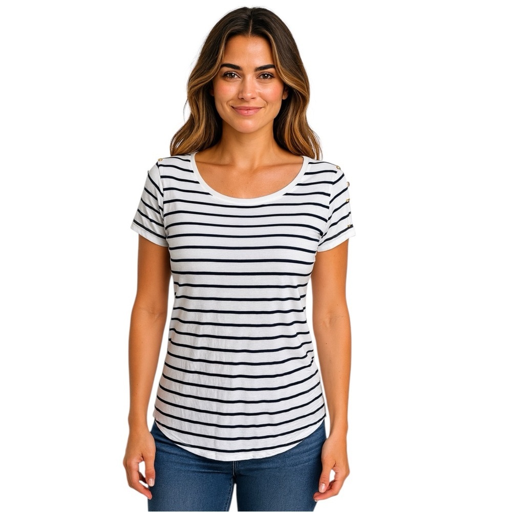 White House Black Market Women’s XS White and Black Striped Short Sleeve Blouse